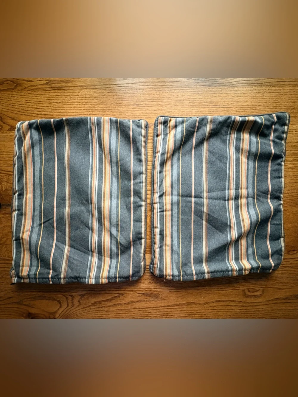 Custom Needlepoint pillow covers with cording, zippers & striped fabric backing